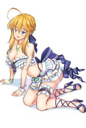 Rule 34 | 1girl, :d, ahoge, artoria pendragon (fate), artoria pendragon (lancer) (fate), ass, bad id, bad pixiv id, blonde hair, blue eyes, bracelet, braid, breasts, cleavage, fate/stay night, fate (series), frills, hair between eyes, hair ribbon, highres, jewelry, large breasts, looking at viewer, navel, necklace, open mouth, ribbon, sandals, shirokuma a, sitting, sketch, skirt, smile, solo, teeth
