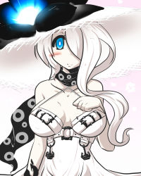 Rule 34 | 10s, 1girl, abyssal ship, adapted costume, anchor, bare shoulders, blue eyes, blush, breasts, choker, cleavage, collarbone, commentary request, dress, flower, glowing, goma (gomasamune), hair over one eye, hand on own chest, hat, hat flower, highres, kantai collection, large breasts, long hair, looking at viewer, seaport summer princess, sketch, sleeveless, sleeveless dress, smile, solo, spaghetti strap, sun hat, sundress, upper body, when you see it, white background, white hair