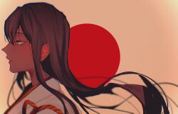 Rule 34 | 1girl, akagi (kancolle), aupt31, black hair, brown hair, closed mouth, commentary request, eyelashes, from side, hair between eyes, half-closed eyes, highres, japanese clothes, japanese flag, kantai collection, long hair, profile, simple background, solo, tasuki, upper body, very long hair