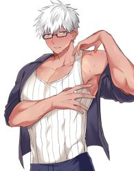 Rule 34 | 1boy, alternate costume, archer (fate), armpits, bara, blush, collared shirt, dark-skinned male, dark skin, fate/grand order, fate (series), feet out of frame, glasses, grey eyes, male focus, manly, mature male, muscular, muscular male, open clothes, open shirt, pectorals, seum (kao husband), shirt, short hair, simple background, solo, spiked hair, sweat, sweatdrop, tank top, teeth, upper body, white background, white hair