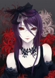 Rule 34 | 10s, 1girl, black dress, black flower, black rose, black sclera, bzerox, colored sclera, dress, flower, glasses, hair between eyes, hair over face, hat, highres, jewelry, kamishiro rize, light smile, looking at viewer, necklace, purple hair, red eyes, rose, solo, tokyo ghoul