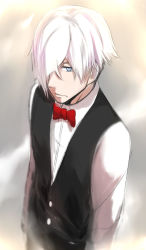 Rule 34 | 10s, 1boy, blue eyes, bow, death parade, decim (death parade), formal, hair over one eye, isshiki (ffmania7), long hair, male focus, red bow, short hair, silver hair, solo, suit, upper body