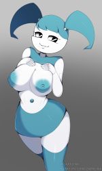 Rule 34 | 1girl, android, black eyes, blue hair, breasts, colored skin, dutch angle, gradient background, grey background, hands on breasts, highres, jenny wakeman, joints, large areolae, my life as a teenage robot, naughty face, navel, patreon username, screw, skirt, smile, solo, tagme, thighhighs, twintails, twitter username, white skin, zapklink