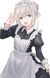 Rule 34 | 1girl, :d, alternate costume, alternate hairstyle, apron, blue eyes, character request, check character, frilled apron, frills, grey hair, highres, idolmaster, idolmaster shiny colors, juliet sleeves, long sleeves, looking at viewer, maid, maid apron, maid headdress, open mouth, puffy sleeves, serizawa asahi, short hair, simple background, smile, solo, unu (unucence), white apron, white background