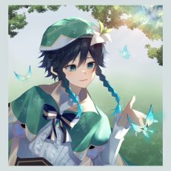 Rule 34 | 1boy, absurdres, androgynous, beret, black hair, blue hair, bow, braid, brooch, bug, butterfly, butterfly on hand, cape, collared cape, collared shirt, commentary request, corset, dappled sunlight, day, flower, frilled sleeves, frills, gem, genshin impact, gradient hair, green cape, green eyes, green hat, hat, hat flower, highres, insect, jewelry, kou cha850, leaf, long sleeves, male focus, multicolored hair, open mouth, outdoors, shirt, short hair with long locks, side braids, sidelocks, smile, solo, sunlight, twin braids, venti (genshin impact), white flower, white shirt