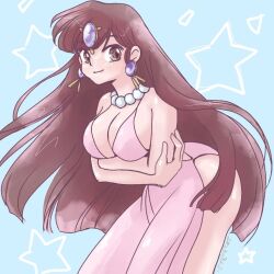 Rule 34 | 1girl, ass, blue background, breasts, brown eyes, brown hair, dress, earrings, happy, ioexzn3qhmfabfp, jewelry, kuonji ukyou, large breasts, long hair, ranma 1/2, simple background, smile, solo, star (symbol)
