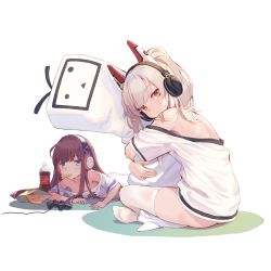 Rule 34 | 2girls, ayanami (azur lane), ayanami (niconico) (azur lane), azur lane, bag of chips, bandaid, bandaid on arm, bare shoulders, blue eyes, brown hair, chips (food), coca-cola, colored shadow, controller, food, game controller, headgear, headphones, highres, leaning forward, long island (azur lane), long island (long island - indoor slacker) (azur lane), looking at viewer, looking to the side, lying, multiple girls, no shoes, hugging object, off shoulder, official alternate costume, on stomach, pillow, pillow hug, ponytail, potato chips, red eyes, shadow, shirt, short sleeves, sitting, skindentation, soda bottle, thighhighs, u jie, white background, white legwear, white shirt