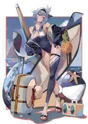 Rule 34 | 1girl, barefoot sandals (jewelry), blue hair, blue one-piece swimsuit, blue sky, blue thighhighs, breasts, cloud, day, eula (genshin impact), genshin impact, hand on own hip, legs, medium breasts, one-piece swimsuit, red eyes, sandals, short hair, sky, solo, standing, swimsuit, sydus, thighhighs, toes