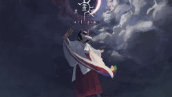 Rule 34 | 1girl, aqua eyes, bell, black hair, blue ribbon, blunt bangs, bob cut, chinese text, cloud, cloudy sky, commentary request, dark clouds, dark sky, eclipse, english text, feet out of frame, glowing, glowing eyes, green ribbon, hakama, hakama skirt, highres, holding, horns, japanese clothes, jingle bell, kagura suzu, mask, miko, one eye covered, original, others (gogo-o), outdoors, outstretched arms, red hakama, red ribbon, ribbon, short hair, skin-covered horns, skirt, sky, solo, spread arms, standing, traditional chinese text, white mask, white ribbon, wide sleeves