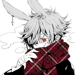 Rule 34 | 1boy, animal ears, bandages, bandaid, colored skin, covering own mouth, cross, ear piercing, earrings, fuyuhi nemu, highres, jewelry, looking down, monochrome, nail polish, original, piercing, rabbit boy, rabbit ears, red eyes, scarf, scarf over mouth, silver hair, white skin