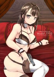 Rule 34 | 1girl, ass, bed, between breasts, black eyes, black hair, bow, bow bra, bra, braid, breasts, canopy bed, choker, closed mouth, crown braid, english text, frilled bra, frilled cuffs, frills, garter straps, gun, handgun, highres, holding, holding gun, holding weapon, lace, lace-trimmed thighhighs, large breasts, lingerie, looking at viewer, lying, m1910, medium breasts, medium hair, on bed, on side, original, panties, pillow, solo, thighhighs, tokihama jirou, trigger discipline, underwear, weapon, white bra, white choker, white panties, white thighhighs