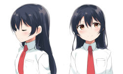 Rule 34 | 1girl, bad id, bad pixiv id, blue hair, closed eyes, closed mouth, commentary request, hair between eyes, long hair, long sleeves, looking at viewer, love live!, love live! school idol project, multiple persona, multiple views, necktie, red neckwear, shirt, simple background, smile, sonoda umi, totoki86, upper body, white background, white shirt, yellow eyes