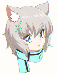 Rule 34 | 1990s (style), 1girl, animal ear fluff, animal ears, blue archive, blue eyes, blue scarf, cat ears, commentary request, grey background, grey hair, hair between eyes, hair ornament, highres, looking at viewer, parted lips, retro artstyle, scarf, shade of trees, shiroko (blue archive), simple background, solo