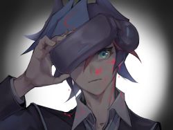 Rule 34 | 1boy, blood, blood on clothes, blood on face, blue eyes, blue hair, closed mouth, fingernails, fujiki yusaku, hair between eyes, head-mounted display, highres, male focus, multicolored hair, playmaker (yu-gi-oh!), red hair, solo, upper body, vvhoneygo, yu-gi-oh!, yu-gi-oh! vrains, yuu-gi-ou, yuu-gi-ou vrains