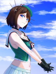 Rule 34 | 10s, 1girl, armpit peek, bad id, bad pixiv id, bare shoulders, beret, black gloves, blue eyes, blush, breasts, brown hair, choker, cleavage, closed mouth, cloud, cloudy sky, collarbone, cowboy shot, crop top, day, from side, gloves, green hat, hair ornament, hairclip, hat, headgear, kanokishi (manjushage), kantai collection, looking at viewer, looking to the side, maya (kancolle), maya kai ni (kancolle), medium breasts, midriff, navel, outdoors, pale skin, pleated skirt, school uniform, serafuku, short hair, skirt, sky, sleeveless, smile, solo, stomach, white skirt, x hair ornament