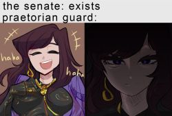 Rule 34 | +++, armor, breastplate, brown background, centurii-chan (artist), closed eyes, closed mouth, commentary, earrings, english commentary, facing viewer, far cry, far cry 6, gauntlets, jewelry, laughing, long hair, meme, open mouth, original, praetorian (centurii-chan), purple eyes, purple hair, ring, simple background, smile, sound effects, staring