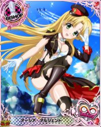 Rule 34 | 10s, 1girl, aircraft, aircraft carrier, airplane, artist request, asia argento, bishop (chess), black footwear, blonde hair, boots, card (medium), character name, chess piece, dress, gloves, green eyes, high heel boots, high heels, high school dxd, high school dxd infinity, knee boots, long hair, military, military vehicle, official art, ship, solo, thighhighs, torn clothes, trading card, warship, watercraft