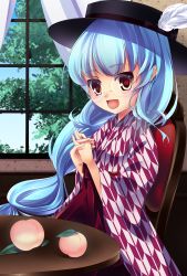 Rule 34 | 1girl, absurdres, alternate costume, bespectacled, blue hair, blue sky, chair, cheriina, curtains, day, food, fruit, glasses, hat, hat feather, hat ribbon, highres, hinanawi tenshi, indoors, interlocked fingers, japanese clothes, kimono, leaf, long hair, looking at viewer, low-tied long hair, meiji schoolgirl uniform, open mouth, own hands clasped, own hands together, peach, red eyes, ribbon, rimless eyewear, sky, solo, table, touhou, tree, very long hair, window, yagasuri