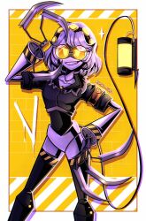 Rule 34 | 1girl, claws, coat, colored skin, female focus, glasses, glitch productions, grey skin, grin, mecha girl, mechanical tail, murder drones, robot girl, shiny skin, short hair, smile, tail, thighhighs, thighs, v (murder drones), weapon