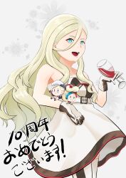Rule 34 | 0sumi 3, 1girl, alcohol, anniversary, bare shoulders, blonde hair, blue eyes, character doll, commandant teste (kancolle), commentary request, cup, dress, drinking glass, hair between eyes, highres, jean bart (kancolle), kantai collection, long hair, mole, mole under eye, mole under mouth, open mouth, richelieu (kancolle), smile, strapless, strapless dress, thighhighs, two-tone dress, two-tone gloves, two-tone legwear, wine, wine glass