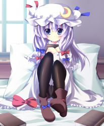 Rule 34 | 1girl, a flow, bad id, bad pixiv id, blue eyes, book, cameltoe, female focus, hat, highres, long hair, panties, panties under pantyhose, pantyhose, pantyshot, patchouli knowledge, plus9, purple hair, sitting, solo, touhou, underwear