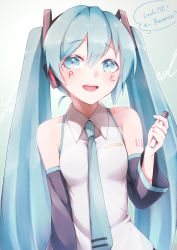 Rule 34 | 1girl, 39, :d, absurdres, black sleeves, blue eyes, blue hair, blue necktie, breasts, collared shirt, detached sleeves, english text, engrish text, hair between eyes, hatsune miku, highres, holding, long hair, long sleeves, looking at viewer, necktie, open mouth, ranguage, shinoduki, shirt, sleeveless, sleeveless shirt, small breasts, smile, solo, standing, twintails, upper body, very long hair, vocaloid, white shirt, wing collar