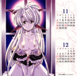 Rule 34 | 00s, 1girl, blonde hair, breasts, calendar, december, faye (front innocent), female focus, front innocent, hair ribbon, indoors, large breasts, nipples, november, ribbon, solo, topless, undressing, upper body, urushihara satoshi, yellow eyes