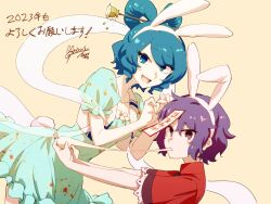 Rule 34 | 2023, 2girls, 2grizzly6, :d, animal ears, aqua dress, blue eyes, blue hair, chisel, dress, eating, food, hair ornament, hair stick, highres, kaku seiga, looking at viewer, miyako yoshika, mochi, multiple girls, open mouth, outstretched arms, purple eyes, purple hair, rabbit ears, shawl, short hair, short sleeves, signature, smile, touhou, translation request, vest, white vest, yellow background