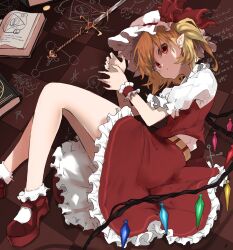 Rule 34 | 1girl, absurdres, belt, blonde hair, bobby socks, book, brown background, checkered floor, closed mouth, flandre scarlet, frilled skirt, frilled sleeves, frills, full body, hat, hat ribbon, highres, jeffree07, looking at viewer, lying, mary janes, medium hair, medium skirt, mob cap, multicolored wings, on floor, on side, open book, pointy ears, puffy short sleeves, puffy sleeves, red eyes, red footwear, red ribbon, red skirt, red vest, ribbon, shirt, shoes, short sleeves, skirt, socks, solo, sword, touhou, vest, weapon, white hat, white shirt, white socks, wings, wrist cuffs, yellow belt