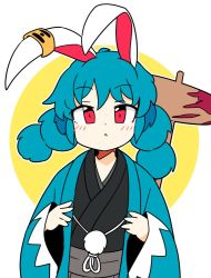 Rule 34 | 1girl, animal ears, blue hair, blush, closed mouth, hair between eyes, ini (inunabe00), looking at viewer, rabbit ears, red eyes, seiran (touhou), simple background, solo, standing, touhou, white background, yellow background