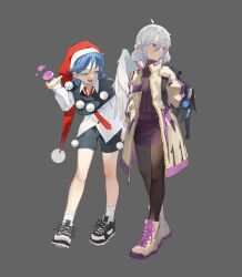 Rule 34 | 2girls, adapted costume, black shorts, blob, blue eyes, blue hair, collared shirt, doremy sweet, dream soul, full body, grey background, grey hair, hair between eyes, hat, highres, jacket, kishin sagume, multiple girls, necktie, nightcap, open clothes, open jacket, purple skirt, purple sweater, red eyes, red headwear, red necktie, shirt, shoes, short hair, shorts, simple background, single wing, skirt, sneakers, song113, sweater, touhou, white footwear, white shirt, white wings, wings