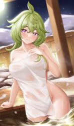Rule 34 | 1girl, absurdres, arayuki (sakurafubuki), breasts, closed mouth, collarbone, collei (genshin impact), covering privates, genshin impact, green hair, hair between eyes, highres, large breasts, long hair, looking at viewer, naked towel, night, night sky, nude cover, onsen, outdoors, partially submerged, purple eyes, sky, smile, snow, solo, towel, water, wet, winter