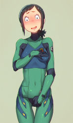 Rule 34 | 10s, 1girl, amakasu hisone, black hair, blush, bodysuit, covered navel, covering privates, covering breasts, covering crotch, cowboy shot, embarrassed, gluteal fold, hisone to masotan, othel (hatimorris), pilot suit, ponytail, simple background, solo, standing, thigh gap