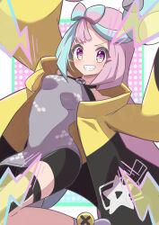 Rule 34 | 1girl, absurdres, blue hair, bow-shaped hair, breasts, character hair ornament, creatures (company), game freak, gen 1 pokemon, grey pantyhose, hair ornament, highres, iono (pokemon), jacket, long hair, long sleeves, looking at viewer, low-tied long hair, magnemite, multicolored hair, nintendo, oversized clothes, pantyhose, pink hair, pokemon, pokemon (creature), pokemon sv, rono (lethys), sharp teeth, shirt, single leg pantyhose, sleeveless, sleeves past fingers, sleeves past wrists, smile, solo, split-color hair, teeth, two-tone hair, very long sleeves, yellow jacket