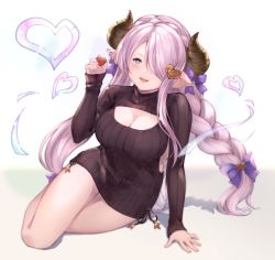 Rule 34 | 1girl, blue eyes, blush, breasts, chokuro, cleavage cutout, clothing cutout, draph, dress, granblue fantasy, hair over one eye, large breasts, light purple hair, long hair, long sleeves, looking at viewer, meme attire, narmaya (granblue fantasy), open-chest sweater, purple hair, ribbed sweater, smile, solo, sweater, sweater dress