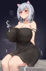 Rule 34 | ..., 1boy, 1girl, after paizuri, animal ears, arms behind back, bare shoulders, black dress, blush, braid, breasts, cat ears, cat girl, cat tail, cleavage, clothes lift, clothes pull, covered erect nipples, cum, cum on body, cum on breasts, cum on upper body, curvy, dress, ejaculation between breasts, embarrassed, fidgeting, hakase fuyuki, highres, huge breasts, nijisanji, nipples, noumu (pixiv), penis, puffy nipples, red eyes, shirt lift, shirt pull, short hair, side braids, sitting, steam, steaming body, sweatdrop, tail, uncensored, virtual youtuber, white hair