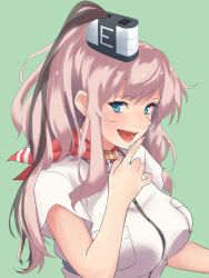 Rule 34 | 1girl, battle effectiveness award, blue eyes, breast pocket, breasts, brown hair, dress, green background, hair between eyes, highres, kantai collection, large breasts, lips, long hair, looking at viewer, neckerchief, open mouth, pocket, ponytail, red neckerchief, saratoga (kancolle), shingyou (alexander-13), side ponytail, sidelocks, simple background, smokestack, smokestack hair ornament, solo, teeth, upper body, white dress