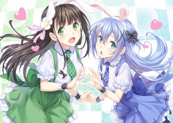 Rule 34 | 2girls, :d, :o, animal ears, aqua eyes, between breasts, black bow, blue bow, blue bowtie, blue hair, blue skirt, blunt bangs, blush, bow, bowtie, breast pocket, breasts, brown hair, checkered background, collared shirt, commentary request, cowboy shot, fake animal ears, flower, frilled cuffs, frilled skirt, frills, gochuumon wa usagi desu ka?, green eyes, green necktie, green skirt, hair between eyes, hair bow, hair flower, hair ornament, hairband, heart, heart hands, holding hands, interlocked fingers, kafuu chino, large breasts, light blue hair, long hair, looking at viewer, matching outfits, multiple girls, necktie, open mouth, pink ribbon, plaid, plaid necktie, plaid neckwear, pocket, polka dot, polka dot bow, puffy short sleeves, puffy sleeves, rabbit ears, ribbon, shirt, short sleeves, sidelocks, skirt, small breasts, smile, standing, suspender skirt, suspenders, tenkuu nozora, ujimatsu chiya, white flower, white hairband, white shirt, wing collar, wrist cuffs