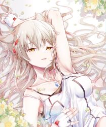 Rule 34 | 1girl, animal ear fluff, animal ears, arm up, armpits, breasts, camisole, cat ears, chest jewel, cleavage, fingerless gloves, flower, gloves, grey hair, highres, lying, medium breasts, mio (xenoblade), official alternate hairstyle, on back, shoulder strap, smile, solo, strap slip, tank top, ui frara, upper body, white camisole, xenoblade chronicles (series), xenoblade chronicles 3, yellow eyes