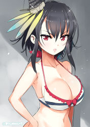 Rule 34 | 10s, 1girl, bikini, black hair, breasts, cleavage, commentary request, hair ornament, hand on own hip, kantai collection, large breasts, naitou ryuu, navel, open mouth, red eyes, short hair, short hair with long locks, sidelocks, solo, swimsuit, yamashiro (kancolle)