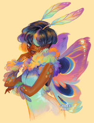 Rule 34 | 1girl, antennae, arthropod girl, artist name, blue dress, blue hair, breasts, commentary, dark-skinned female, dark skin, dress, english commentary, facial mark, feather boa, geneva bowers, green dress, hair over one eye, insect girl, insect wings, looking at viewer, moth antennae, moth girl, moth wings, multicolored clothes, multicolored dress, multicolored hair, nail polish, orange nails, original, parted lips, purple hair, purple wings, short hair, simple background, solo, very dark skin, watermark, white dress, wings, yellow background