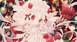Rule 34 | 1girl, alcremie, alcremie (strawberry sweet), bow, closed mouth, colored skin, creatures (company), detached sleeves, dress, food, food-themed hair ornament, fork, fruit, game freak, gen 8 pokemon, hair bow, hair ornament, hair rings, hairband, hibi89, holding, holding fork, lolita hairband, long hair, looking at viewer, nintendo, personification, pokemon, red bow, red eyes, solo, sparkle, strawberry, strawberry hair ornament, very long hair, white dress, white hair, white skin