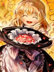 Rule 34 | 1girl, ^ ^, aged down, apron, black dress, blonde hair, blush, closed eyes, dress, happy, hat, unworn hat, hat ribbon, unworn headwear, holding, holding clothes, holding hat, kirisame marisa, kozou (soumuden), long hair, open mouth, petals, puffy sleeves, ribbon, shirt, short sleeves, simple background, smile, solo, touhou, turtleneck, waist apron, white shirt, witch hat, yellow background