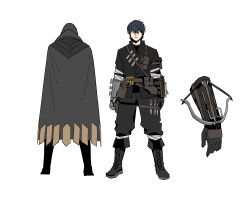 Rule 34 | 1boy, absurdres, arm mounted weapon, black cape, black footwear, black hair, black pants, black shirt, boots, bow (weapon), cape, character sheet, closed mouth, crossbow, from behind, full body, gauntlets, gogalking, hair over eyes, highres, hood, hood up, hooded cape, male focus, original, pants, shirt, short hair, simple background, solo, weapon, white background