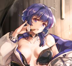 Rule 34 | 1girl, bare shoulders, black bra, black choker, bra, breasts, choker, cleavage, cosmetics, earrings, holding, holding lipstick tube, honkai (series), honkai impact 3rd, jacket, jewelry, lips, lipstick, lipstick tube, long hair, long sleeves, looking at viewer, makeup, open clothes, open jacket, open mouth, purple eyes, purple hair, raiden mei, revealing clothes, solo, teeth, underwear, white jacket, zomzomzomsauce