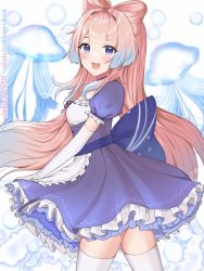 Rule 34 | 1girl, alternate costume, blue dress, blue eyes, dress, elbow gloves, frilled dress, frills, genshin impact, gloves, highres, jellyfish, long hair, looking at viewer, maid, maid day, open mouth, pink hair, puffy short sleeves, puffy sleeves, sangonomiya kokomi, short sleeves, smile, thighhighs, thighs, twintails, very long hair, vickie (cryingrobot), white gloves, white thighhighs