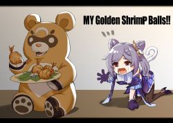 Rule 34 | 1girl, absurdres, chibi, crying, dress, english text, food, genshin impact, gloves, guoba (genshin impact), highres, keqing (genshin impact), linreplica, open mouth, outstretched hand, panda, plate, purple eyes, purple hair, sad, shrimp, twintails