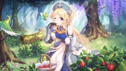 Rule 34 | 1girl, arm guards, bare shoulders, berry, bird, blonde hair, collared dress, cross, cygames, dress, forest, greek cross, hat, long hair, nature, official art, pointy ears, princess connect!, purple eyes, solo, split mouth, yukari (princess connect!)
