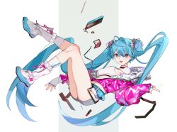 Rule 34 | 1girl, absurdres, ahoge, belt, blue belt, blue eyes, blue hair, blue nails, compact (cosmetics), full body, grey shorts, hatsune miku, highres, jacket, long hair, miermere, pink jacket, shorts, smile, socks, solo, twintails, very long hair, vocaloid, white footwear, white socks