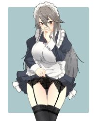 Rule 34 | 1girl, alternate costume, apron, black dress, black hair, black panties, black thighhighs, blue background, border, breasts, brown eyes, clothes lift, cowboy shot, dress, dress lift, enmaided, frilled apron, frills, garter straps, hair ornament, hairclip, haruna (kancolle), haruna kai ni (kancolle), highres, kantai collection, large breasts, lifted by self, long hair, looking at viewer, maid, maid apron, maid headdress, mochizou, panties, solo, string tie, thigh strap, thighhighs, two-tone background, underwear, white apron, white border, wrist cuffs